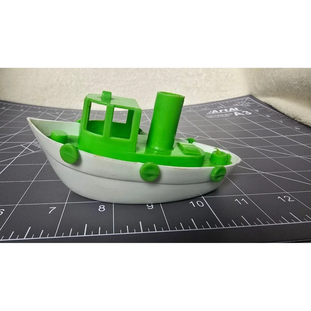Vintage Green and White Plastic Tugboat Toy Made in USA Bath Boat 5 Inch